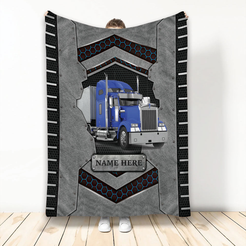 Ohaprints-Fleece-Sherpa-Blanket-Blue-Truck-Trucker-Truck-Driver-Carbon-Stone-Custom-Personalized-Name-Soft-Throw-Blanket-2232-Fleece Blanket