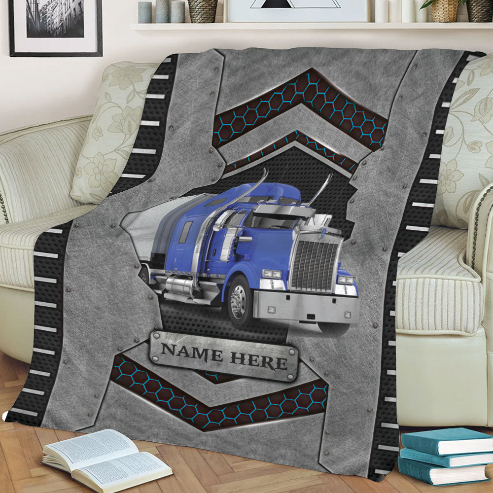 Ohaprints-Fleece-Sherpa-Blanket-Blue-Truck-Trucker-Truck-Driver-Carbon-Stone-Custom-Personalized-Name-Soft-Throw-Blanket-2232-Sherpa Blanket