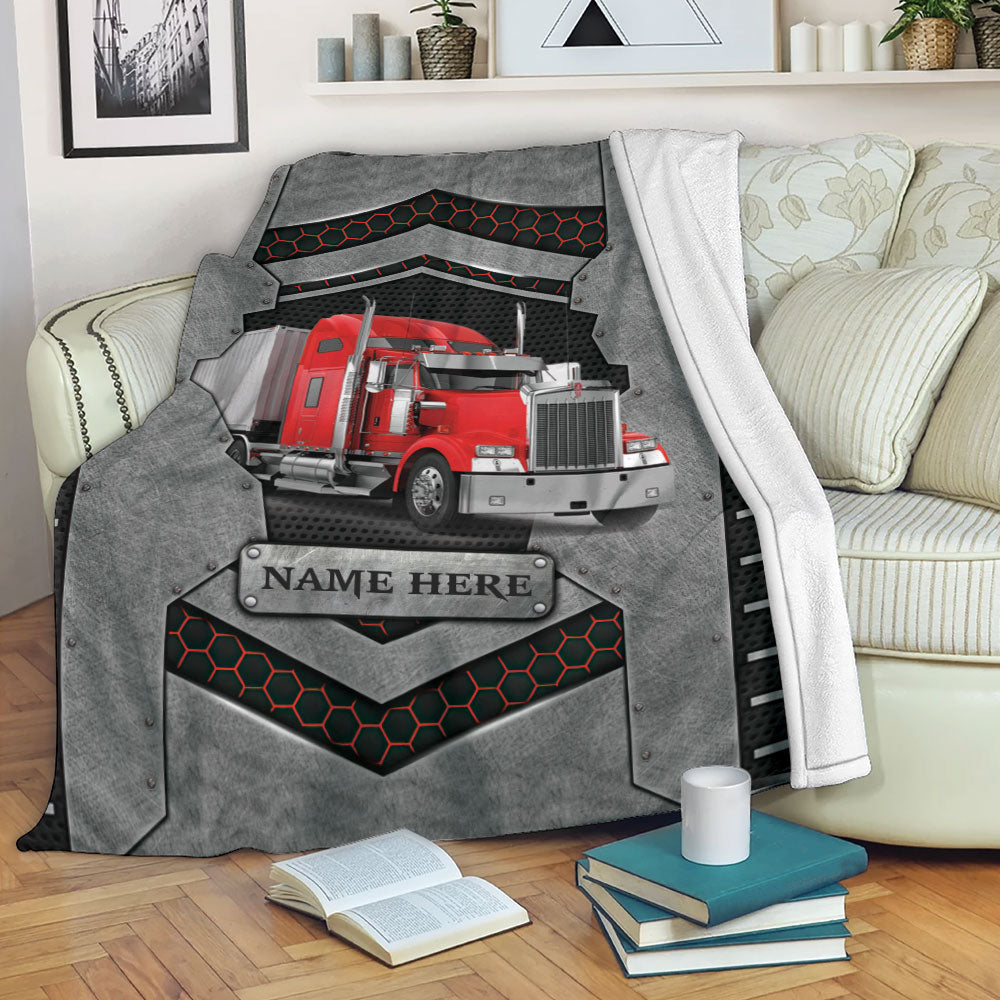 Ohaprints-Fleece-Sherpa-Blanket-Red-Truck-Trucker-Truck-Driver-Carbon-Stone-Custom-Personalized-Name-Soft-Throw-Blanket-2233-Fleece Blanket