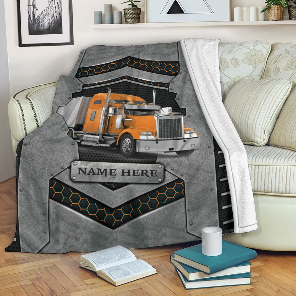 Ohaprints-Fleece-Sherpa-Blanket-Orangetruck-Trucker-Truck-Driver-Carbon-Stone-Custom-Personalized-Name-Soft-Throw-Blanket-2234-Fleece Blanket