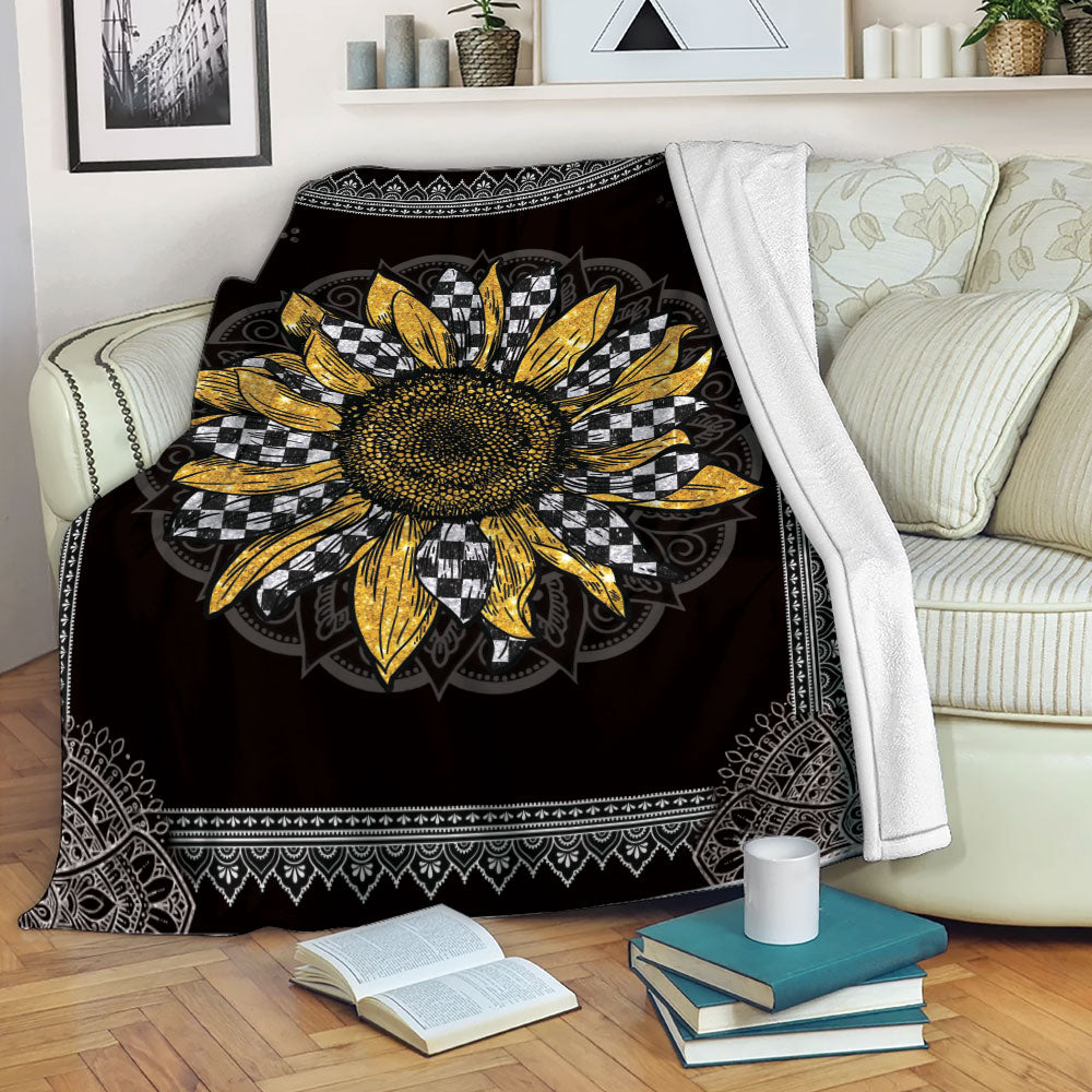 Ohaprints-Fleece-Sherpa-Blanket-Racing-Racer-Checkered-Sunflower-Mandala-Vintage-Soft-Throw-Blanket-2239-Fleece Blanket