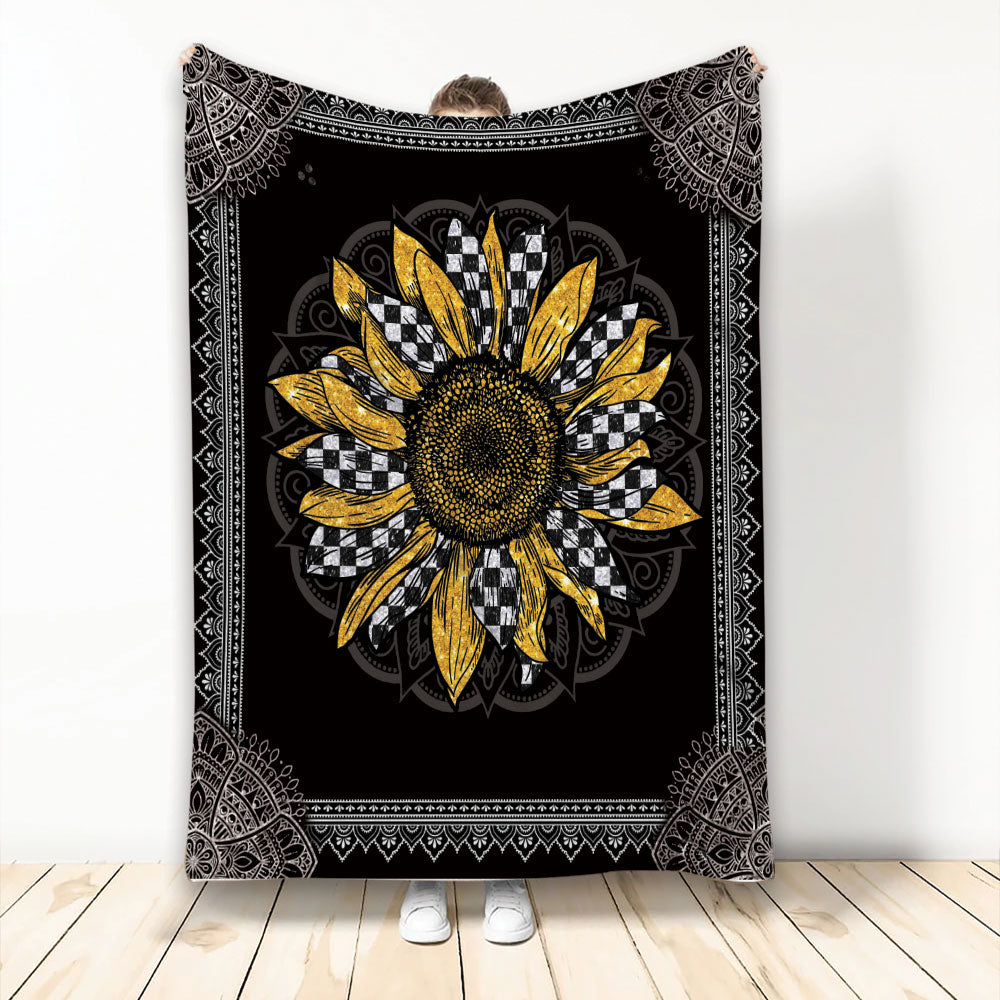 Ohaprints-Fleece-Sherpa-Blanket-Racing-Racer-Checkered-Sunflower-Mandala-Vintage-Soft-Throw-Blanket-2239-Fleece Blanket