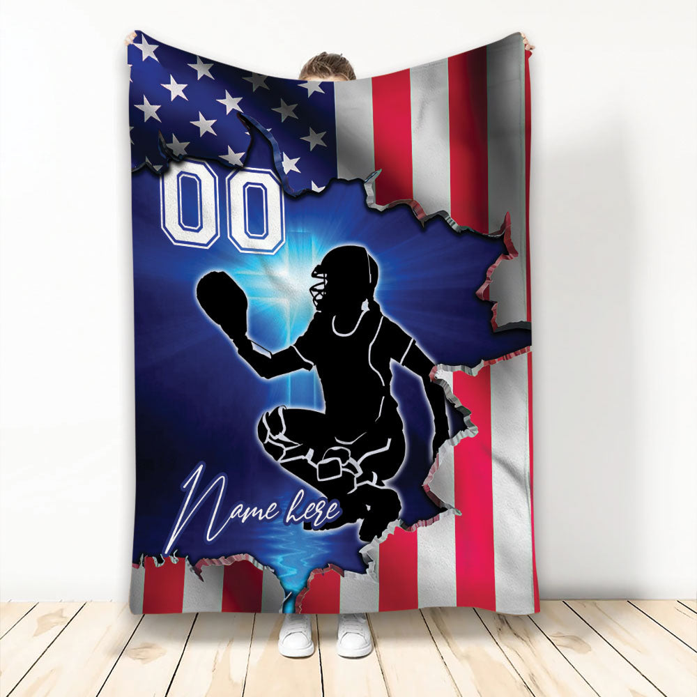 Ohaprints-Fleece-Sherpa-Blanket-Catcher-Softball-Girl-Christian-Usa-Flags-Custom-Personalized-Name-Number-Soft-Throw-Blanket-2243-Fleece Blanket