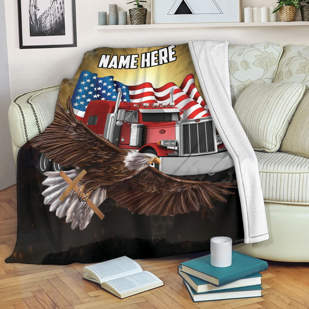 Ohaprints-Fleece-Sherpa-Blanket-Truck-Eagle-Cross-American-Flag-Pattern-Trucker-Gift-Custom-Personalized-Name-Soft-Throw-Blanket-2247-Fleece Blanket