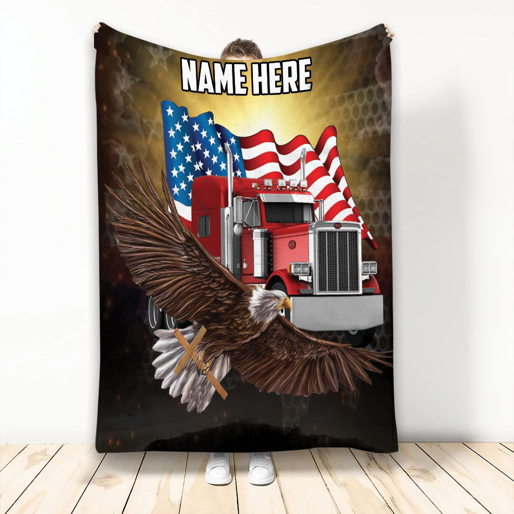 Ohaprints-Fleece-Sherpa-Blanket-Truck-Eagle-Cross-American-Flag-Pattern-Trucker-Gift-Custom-Personalized-Name-Soft-Throw-Blanket-2247-Fleece Blanket