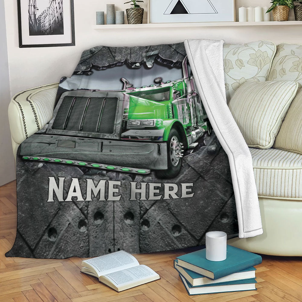 Ohaprints-Fleece-Sherpa-Blanket-Green-Truck-Crack-Pattern-Trucker-Gift-Custom-Personalized-Name-Soft-Throw-Blanket-2249-Fleece Blanket