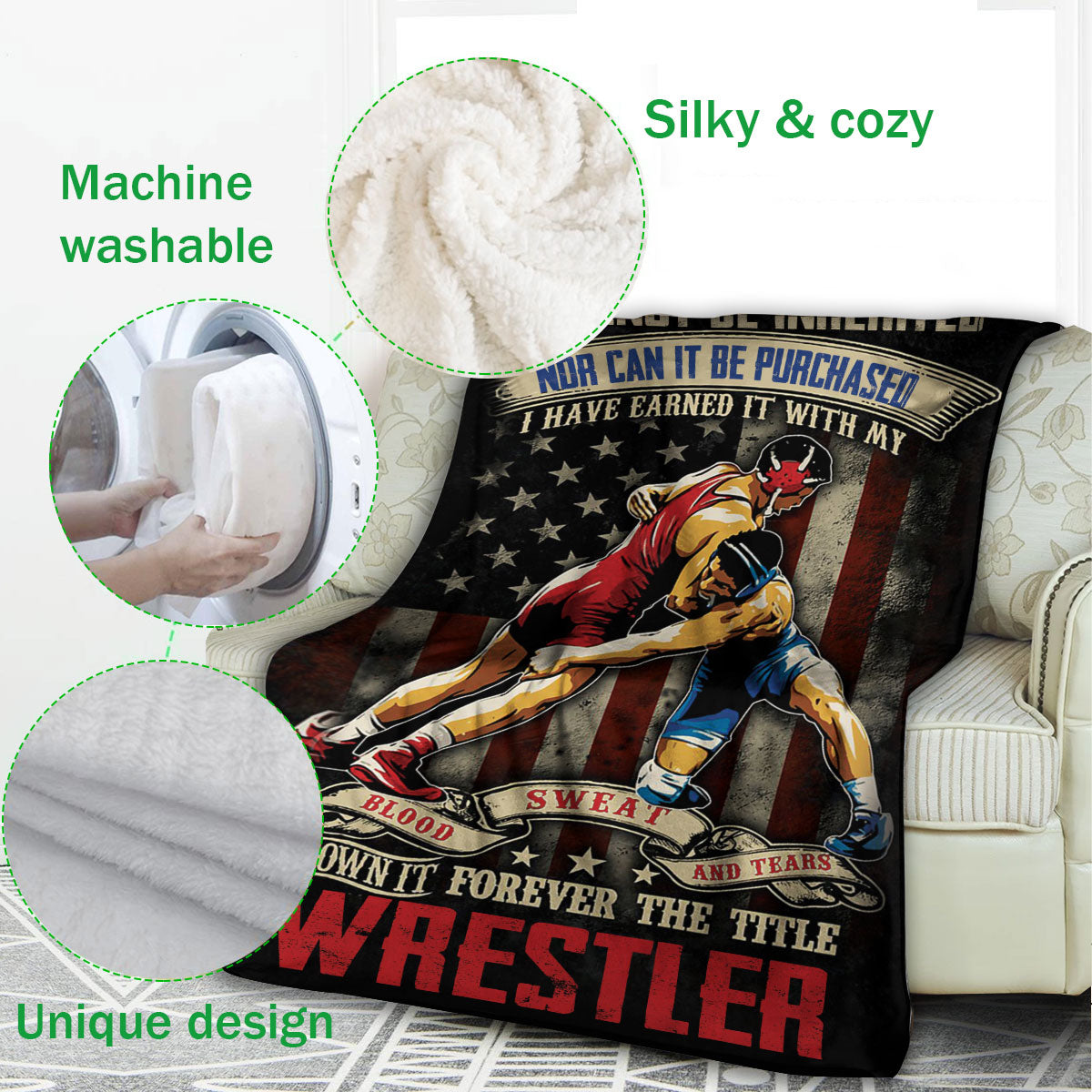 Ohaprints-Fleece-Sherpa-Blanket-Wrestling-Lover-It-Cannot-Be-Inherited-Wrestler-Title-For-Boy-Man-Soft-Throw-Blanket-1156-Fleece Blanket