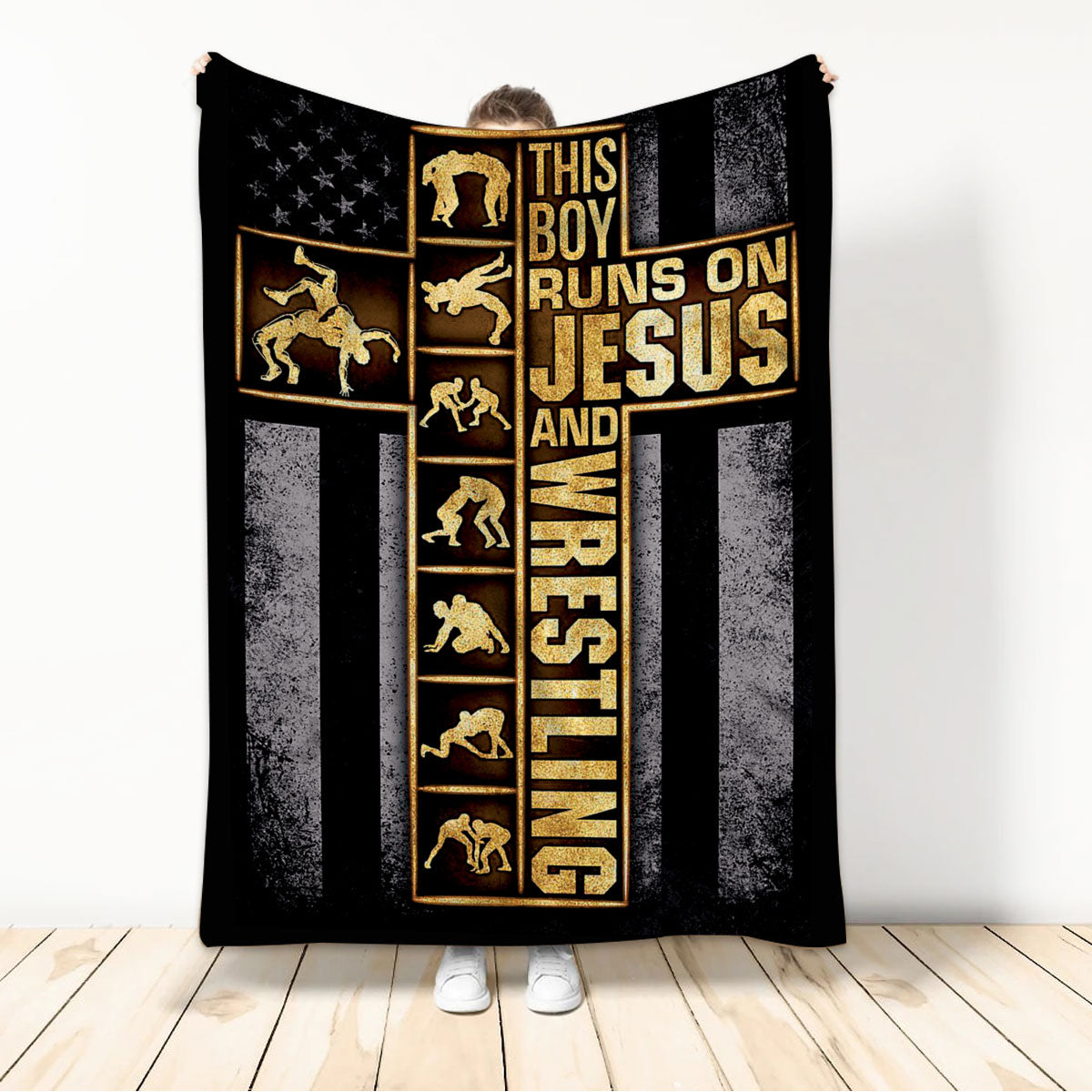 Ohaprints-Fleece-Sherpa-Blanket-This-Boy-Runs-On-Jesus-Wrestling-Jesus-Cross-Christian-Us-Wrestler-Flag-Soft-Throw-Blanket-1155-Sherpa Blanket