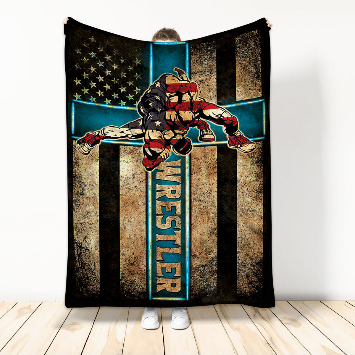 Ohaprints-Fleece-Sherpa-Blanket-Christian-American-Wrestler-Wrestling-Lover-Fan-Gift-Us-Flag-Jesus-Cross-Soft-Throw-Blanket-362-Sherpa Blanket