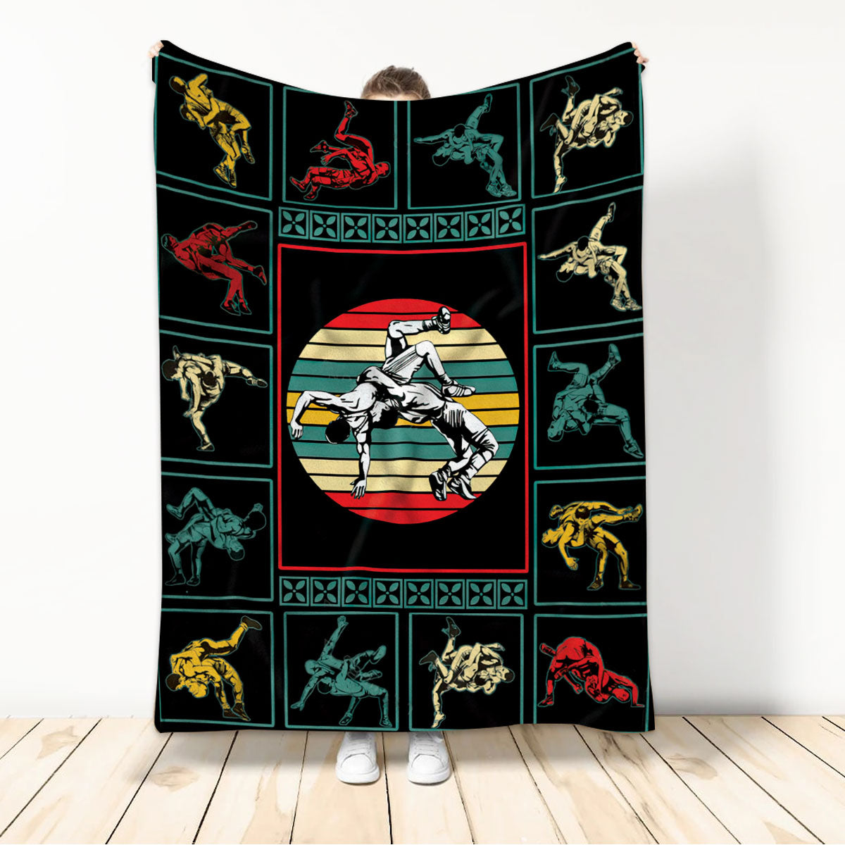 Ohaprints-Fleece-Sherpa-Blanket-Patchwork-Vintage-Style-Wrestling-Posture-Wrestler-Gift-Wrestling-Fan-Lover-Soft-Throw-Blanket-348-Sherpa Blanket