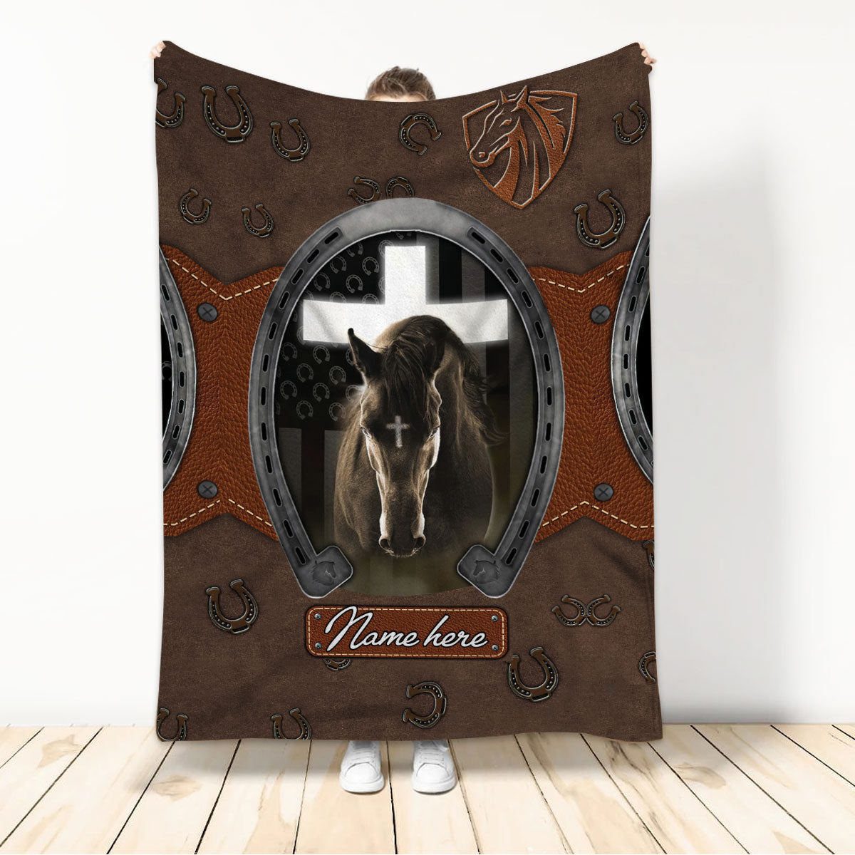 Ohaprints-Fleece-Sherpa-Blanket-Horse-Horseshoe-Jesus-Cross-Cowboy-Cowgirl-Farm-Custom-Personalized-Name-Soft-Throw-Blanket-50-Sherpa Blanket