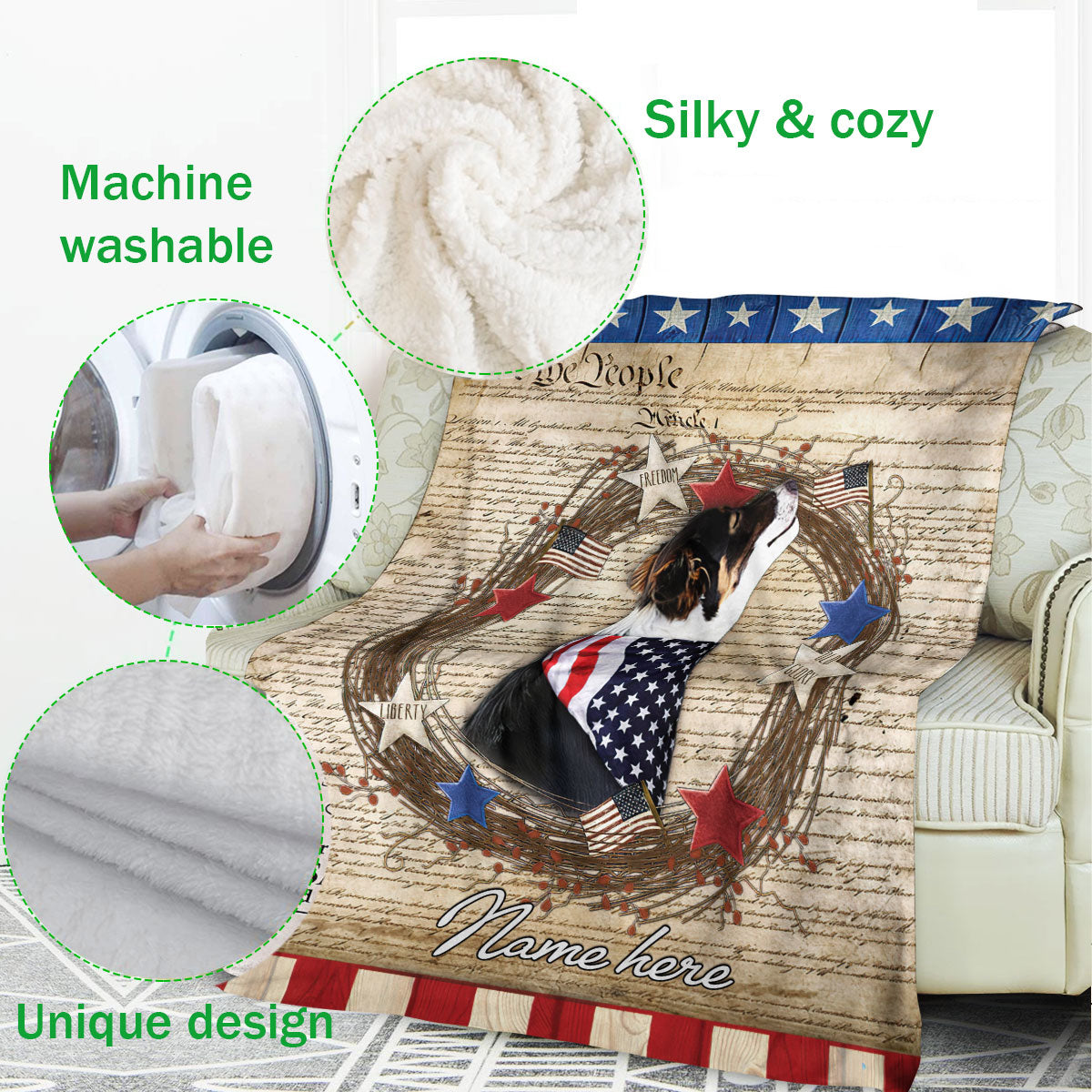 Ohaprints-Fleece-Sherpa-Blanket-Border-Collie-Vintage-Pet-Dog-We-People-Patriotic-Custom-Personalized-Name-Soft-Throw-Blanket-51-Fleece Blanket