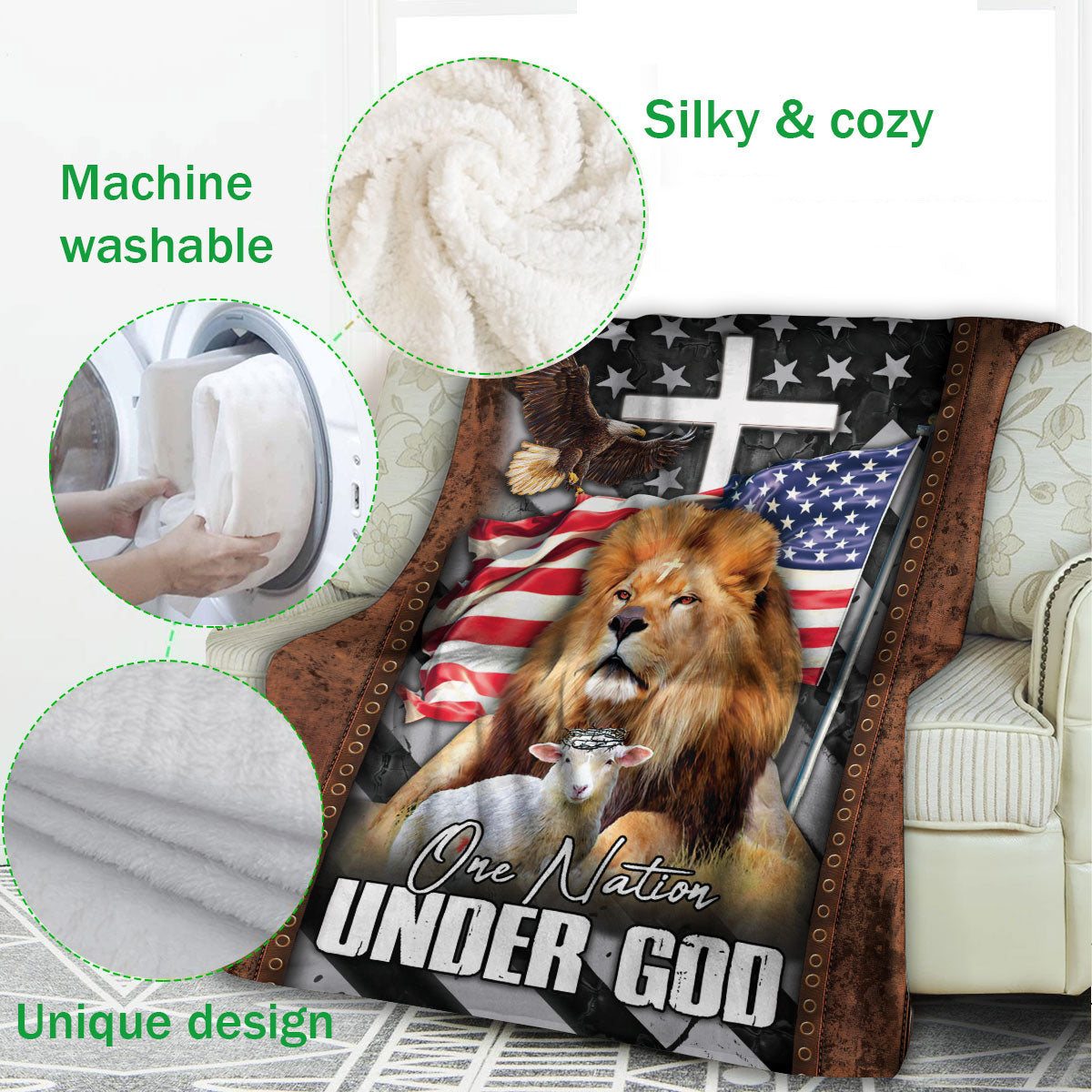 Ohaprints-Fleece-Sherpa-Blanket-One-Nation-Under-God-Vintage-Eagle-Lion-Lamb-Jesus-Cross-Vintage-Soft-Throw-Blanket-411-Fleece Blanket