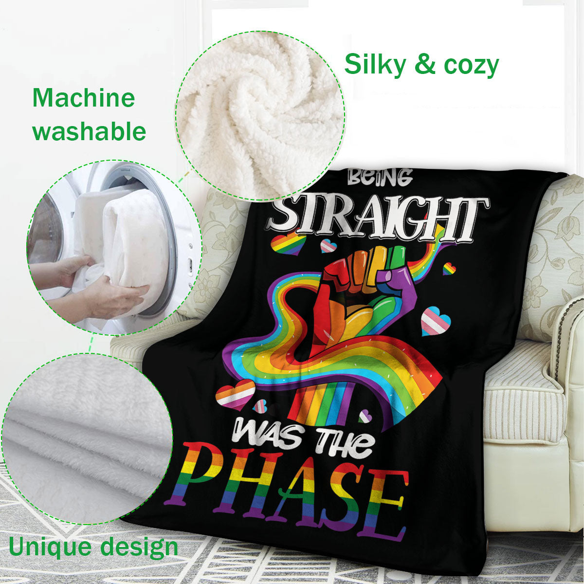 Ohaprints-Fleece-Sherpa-Blanket-Being-Straight-Was-The-Phase-Raibow-Flag-Strong-Hand-Lgbt-Pride-Soft-Throw-Blanket-1133-Fleece Blanket