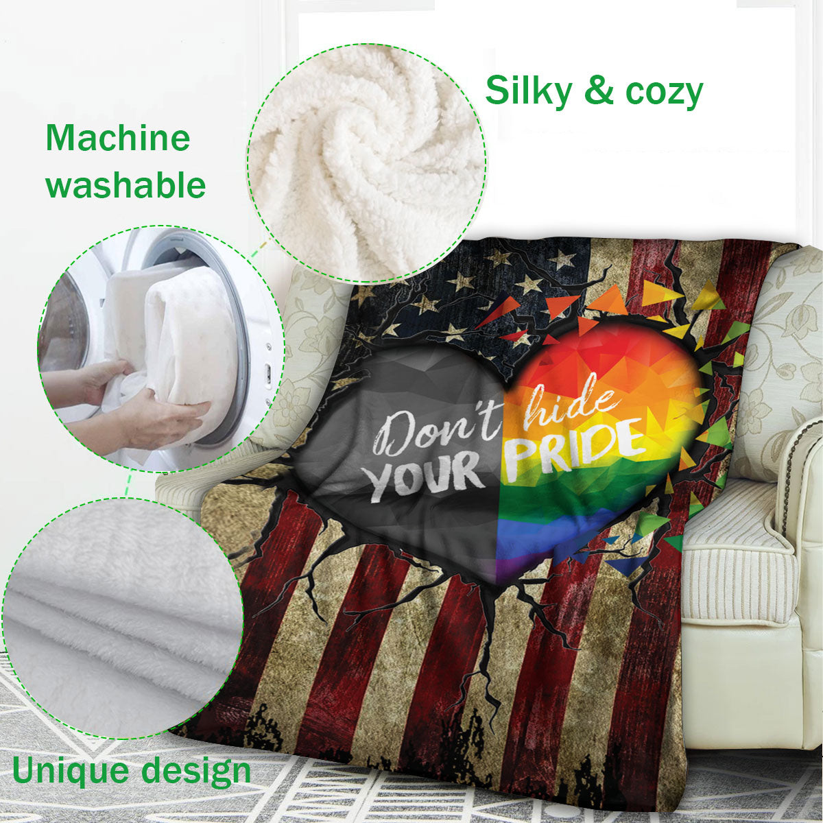 Ohaprints-Fleece-Sherpa-Blanket-Dont-Hide-Your-Pride-America-Us-Flag-Rainbow-Heart-Lgbt-Pride-Soft-Throw-Blanket-1134-Fleece Blanket