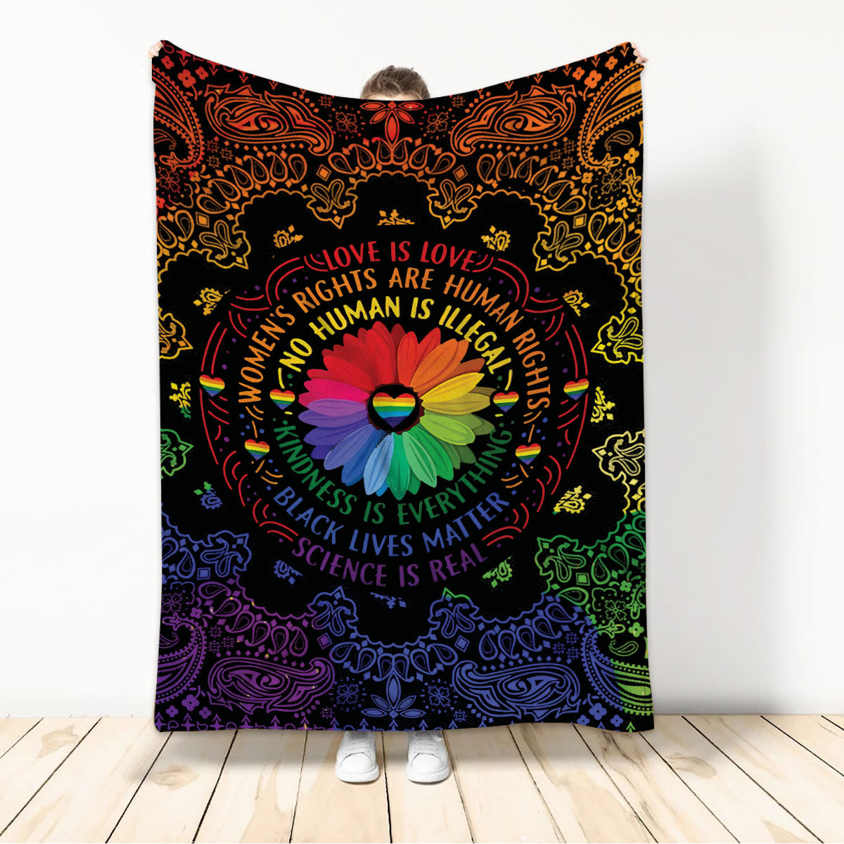 Ohaprints-Fleece-Sherpa-Blanket-Mandala-Pattern-Love-Is-Love-Rainbow-Sunflower-Lgbt-Pride-Gay-Lesbian-Soft-Throw-Blanket-539-Sherpa Blanket