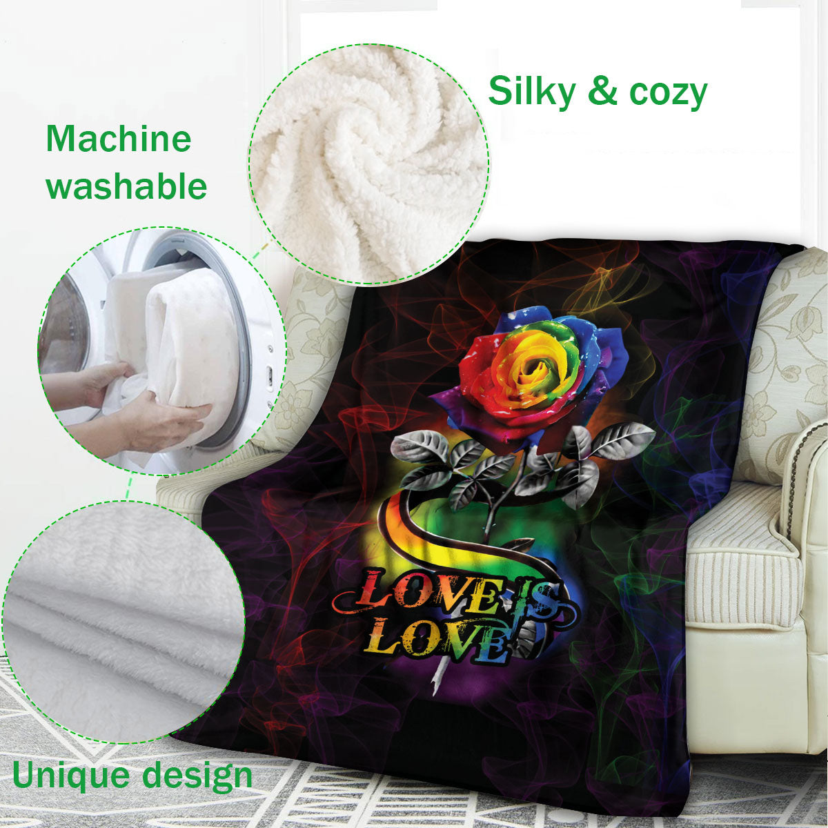 Ohaprints-Fleece-Sherpa-Blanket-Love-Is-Love-Rainbow-Rose-Smoke-Lgbt-Gay-Lesbian-Soft-Throw-Blanket-389-Fleece Blanket