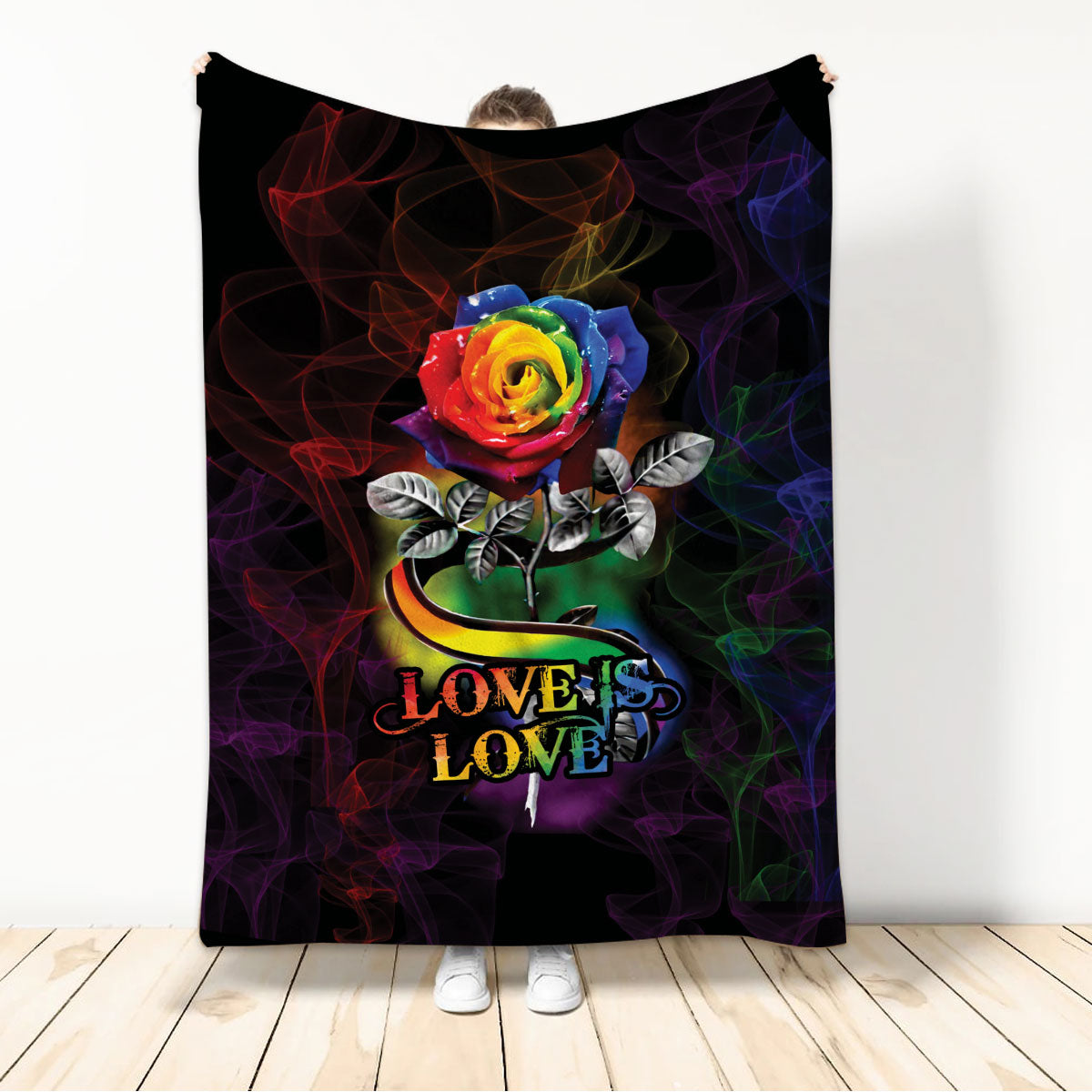 Ohaprints-Fleece-Sherpa-Blanket-Love-Is-Love-Rainbow-Rose-Smoke-Lgbt-Gay-Lesbian-Soft-Throw-Blanket-389-Sherpa Blanket