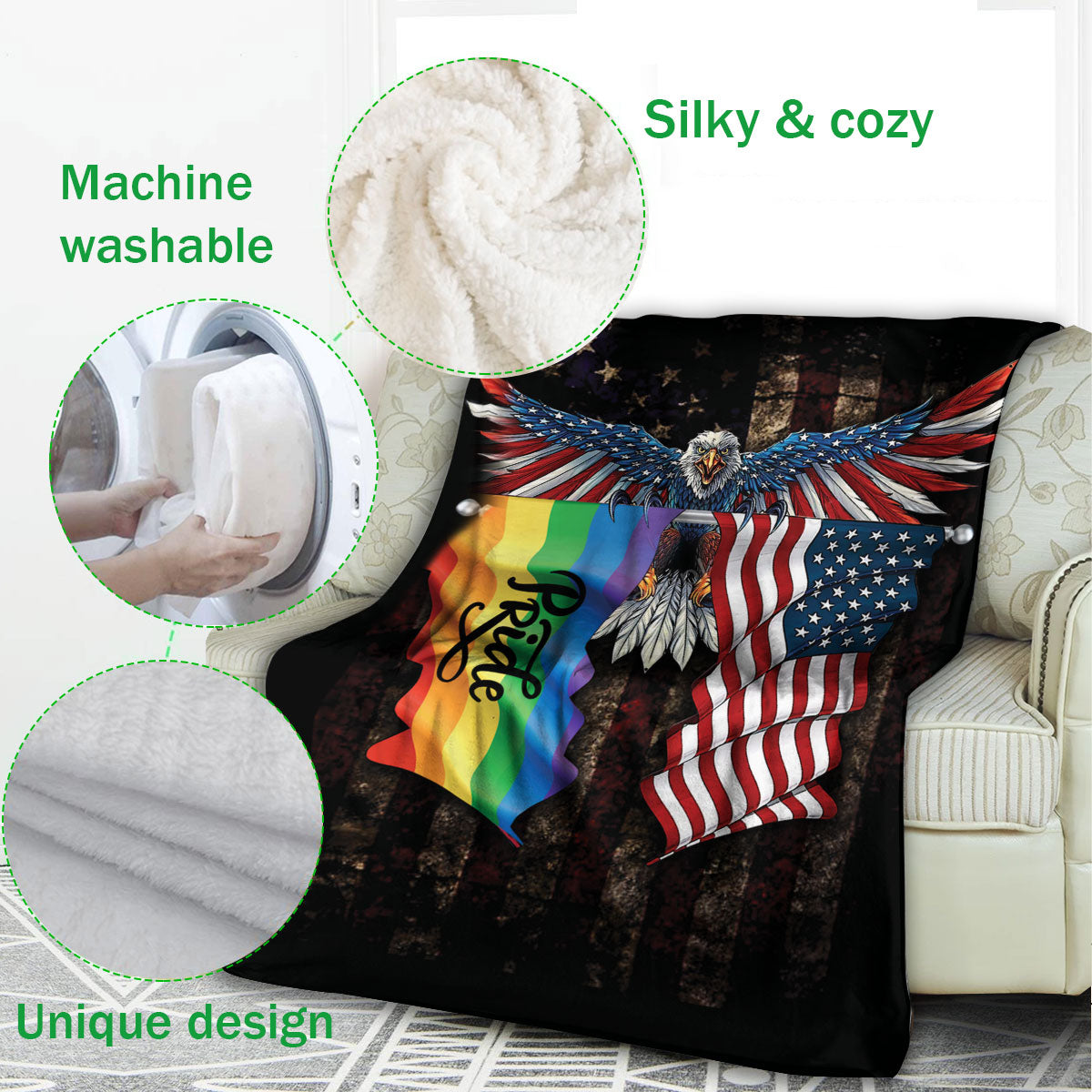 Ohaprints-Fleece-Sherpa-Blanket-America-Eagle-Us-Flag-Rainbow-Flag-Lgbt-Pride-Gay-Lesbian-Vintage-Soft-Throw-Blanket-1135-Fleece Blanket