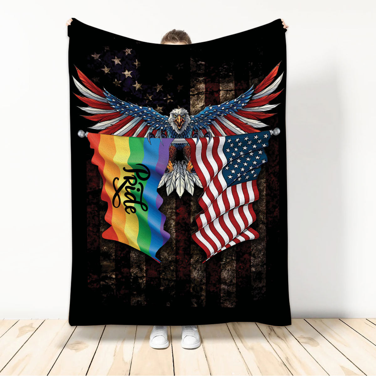 Ohaprints-Fleece-Sherpa-Blanket-America-Eagle-Us-Flag-Rainbow-Flag-Lgbt-Pride-Gay-Lesbian-Vintage-Soft-Throw-Blanket-1135-Sherpa Blanket