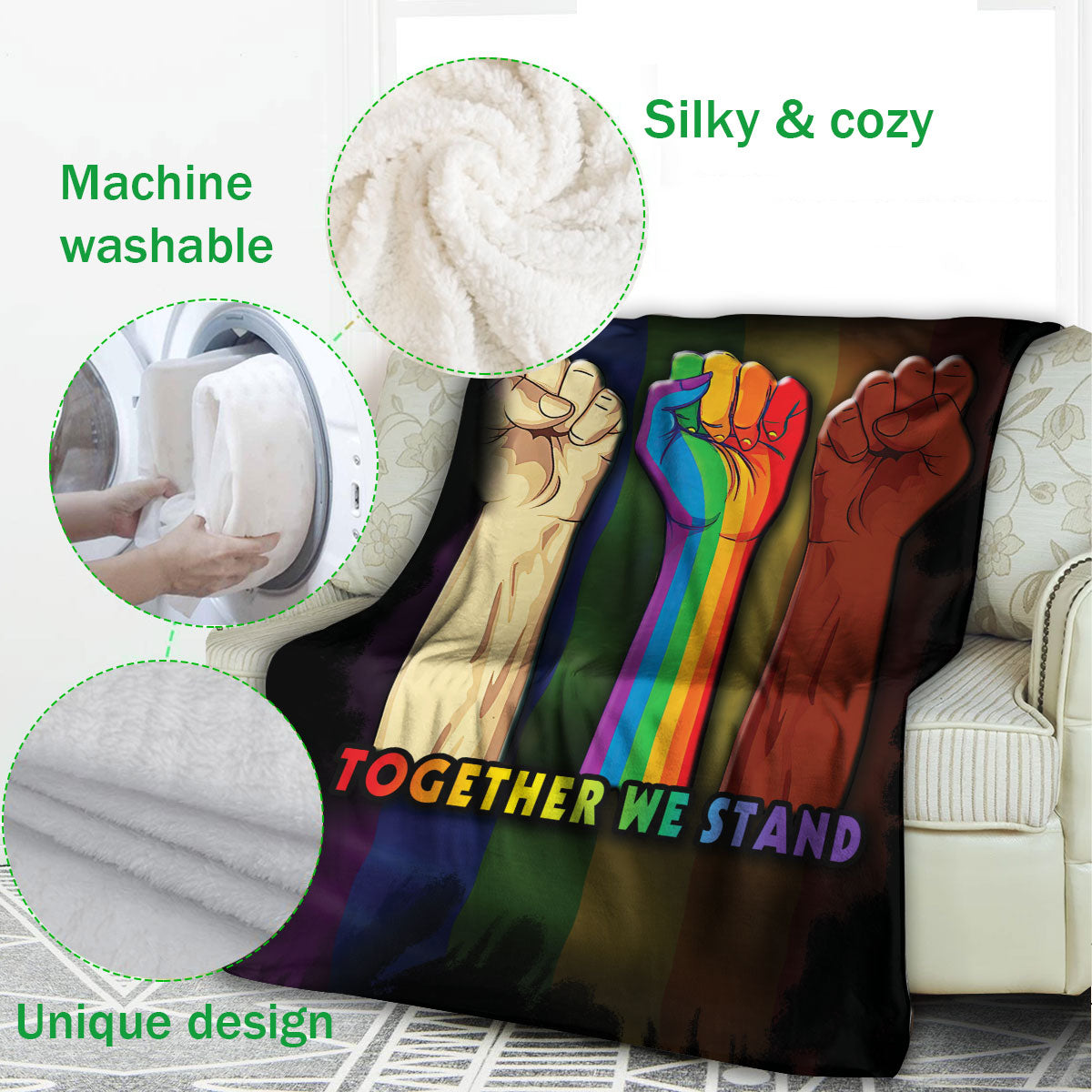 Ohaprints-Fleece-Sherpa-Blanket-Together-We-Stand-Strong-Hand-Rainbow-Lgbt-Gay-Lesbian-Soft-Throw-Blanket-1136-Fleece Blanket