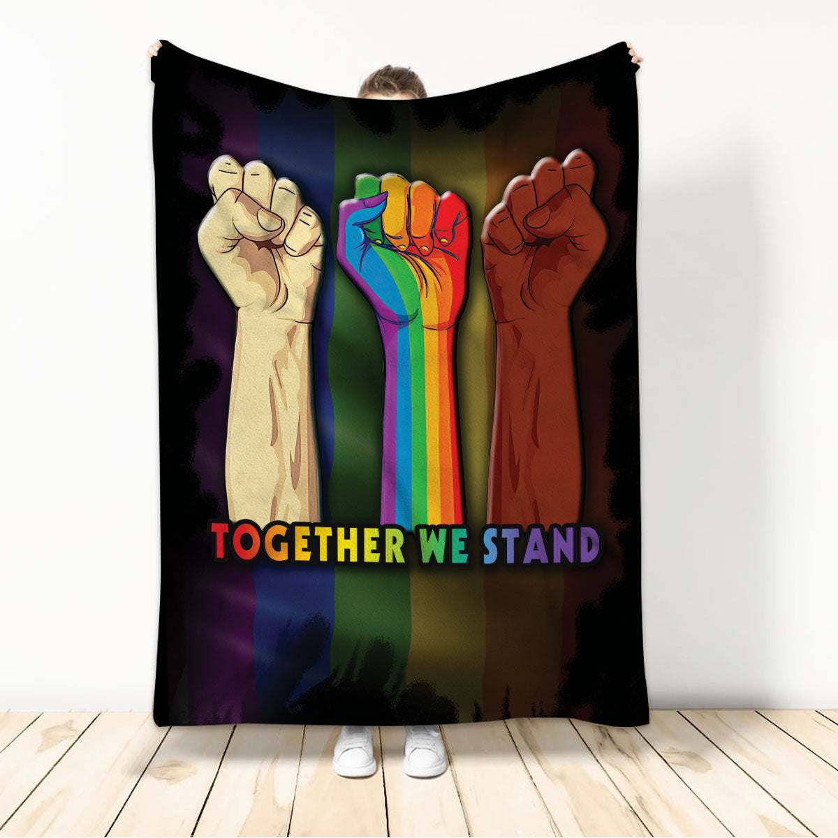 Ohaprints-Fleece-Sherpa-Blanket-Together-We-Stand-Strong-Hand-Rainbow-Lgbt-Gay-Lesbian-Soft-Throw-Blanket-1136-Sherpa Blanket