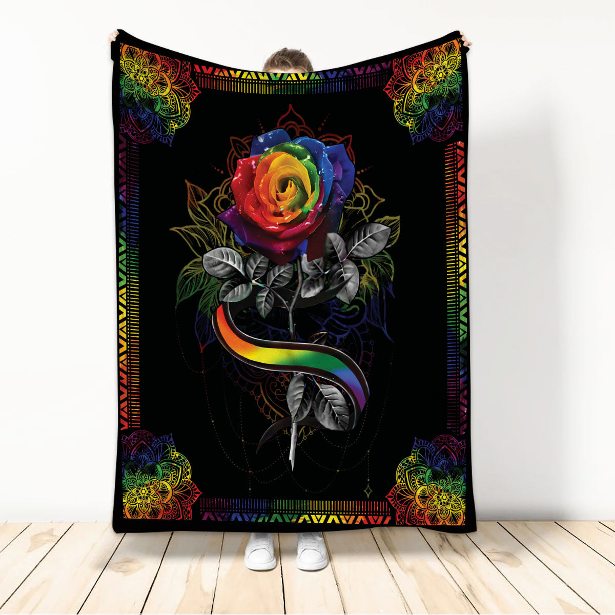 Ohaprints-Fleece-Sherpa-Blanket-Mandala-Pattern-Lgbt-Rainbow-Rose-Pride-Gay-Lesbian-Soft-Throw-Blanket-1137-Sherpa Blanket