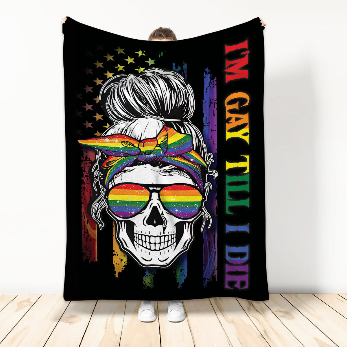 Ohaprints-Fleece-Sherpa-Blanket-Im-Gay-Rainbow-Skull-Lgbt-Pride-Soft-Throw-Blanket-1139-Sherpa Blanket