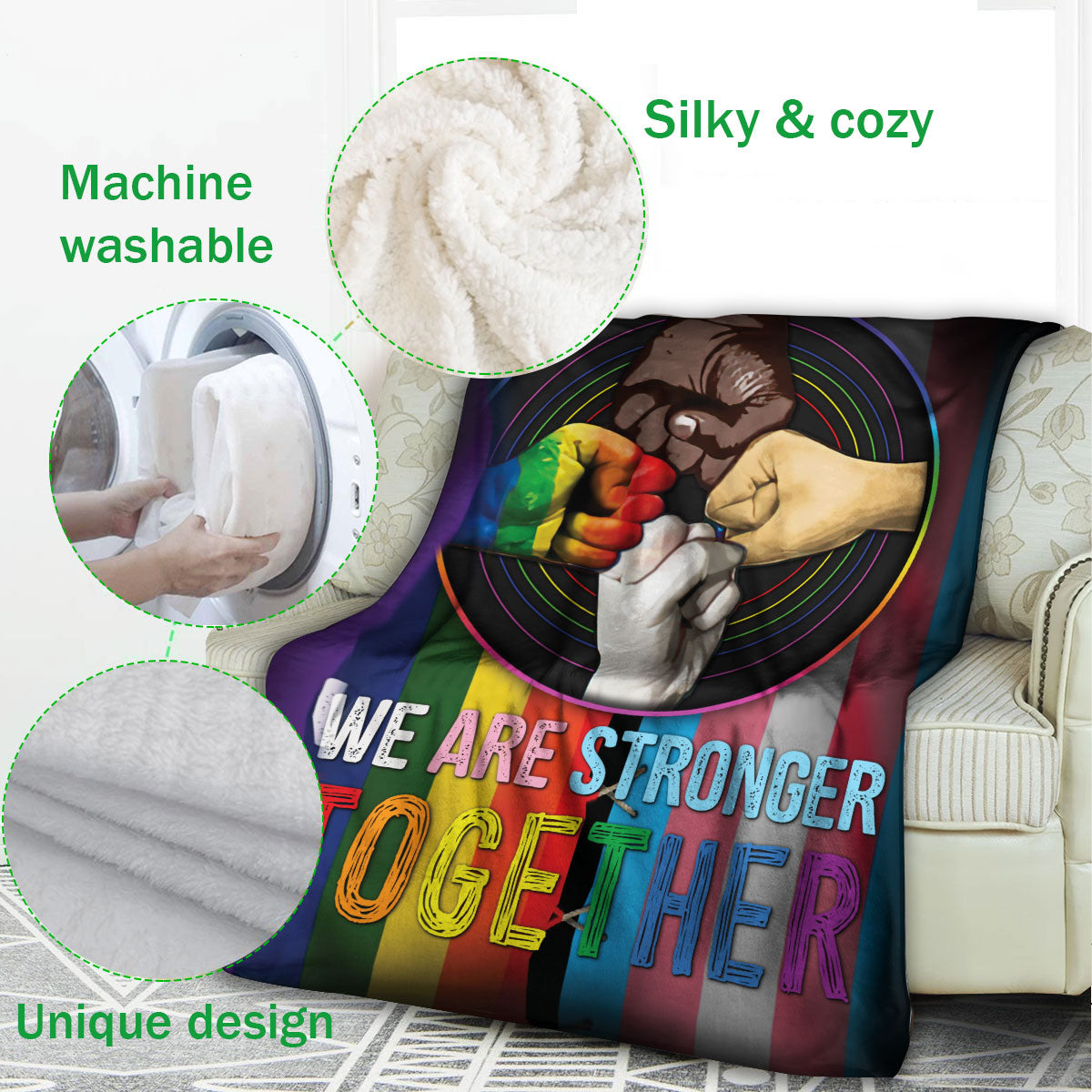 Ohaprints-Fleece-Sherpa-Blanket-We-Are-Stronger-Together-Lgbt-Pride-Soft-Throw-Blanket-713-Fleece Blanket