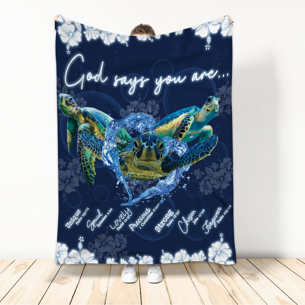 Ohaprints-Fleece-Sherpa-Blanket-God-Say-You-Are-Sea-Turtle-White-Flower-Pattern-Soft-Throw-Blanket-523-Sherpa Blanket