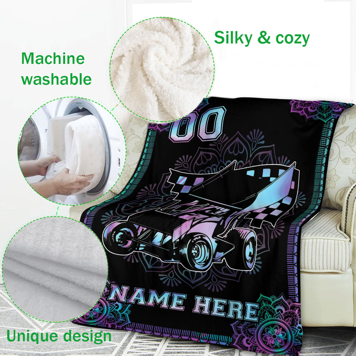 Ohaprints-Fleece-Sherpa-Blanket-Mandala-Dirt-Track-Racing-Sprint-Car-Racer-Custom-Personalized-Name-Number-Soft-Throw-Blanket-270-Fleece Blanket