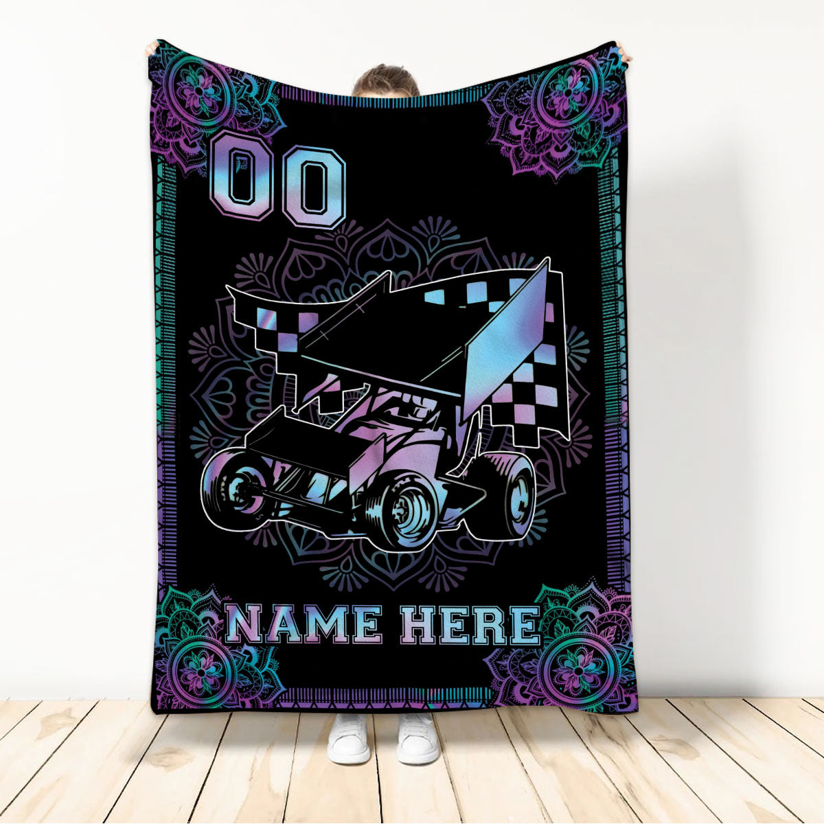 Ohaprints-Fleece-Sherpa-Blanket-Mandala-Dirt-Track-Racing-Sprint-Car-Racer-Custom-Personalized-Name-Number-Soft-Throw-Blanket-270-Sherpa Blanket