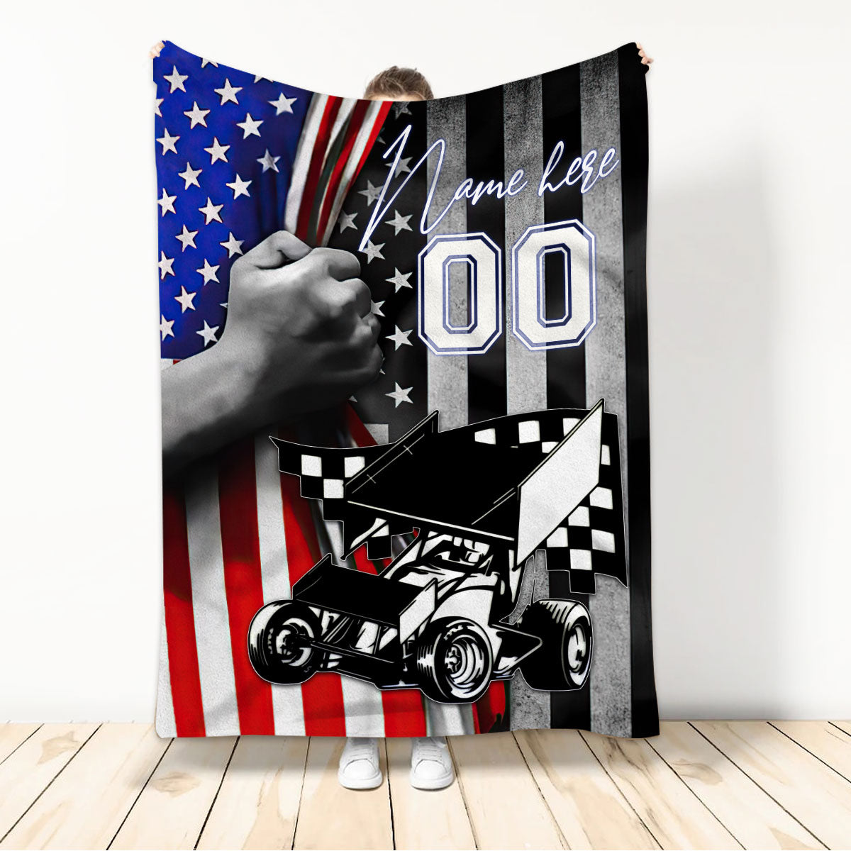 Ohaprints-Fleece-Sherpa-Blanket-Us-Flag-Dirt-Track-Racing-Sprint-Car-Racer-Custom-Personalized-Name-Number-Soft-Throw-Blanket-273-Sherpa Blanket