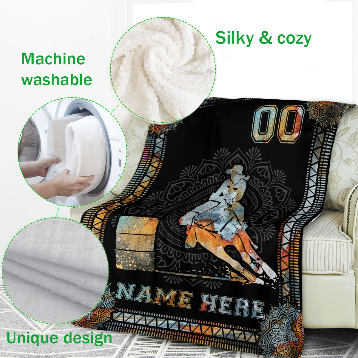 Ohaprints-Fleece-Sherpa-Blanket-Mandala-Vintage-Barrel-Horse-Racing-Girl-Custom-Personalized-Name-Number-Soft-Throw-Blanket-281-Fleece Blanket