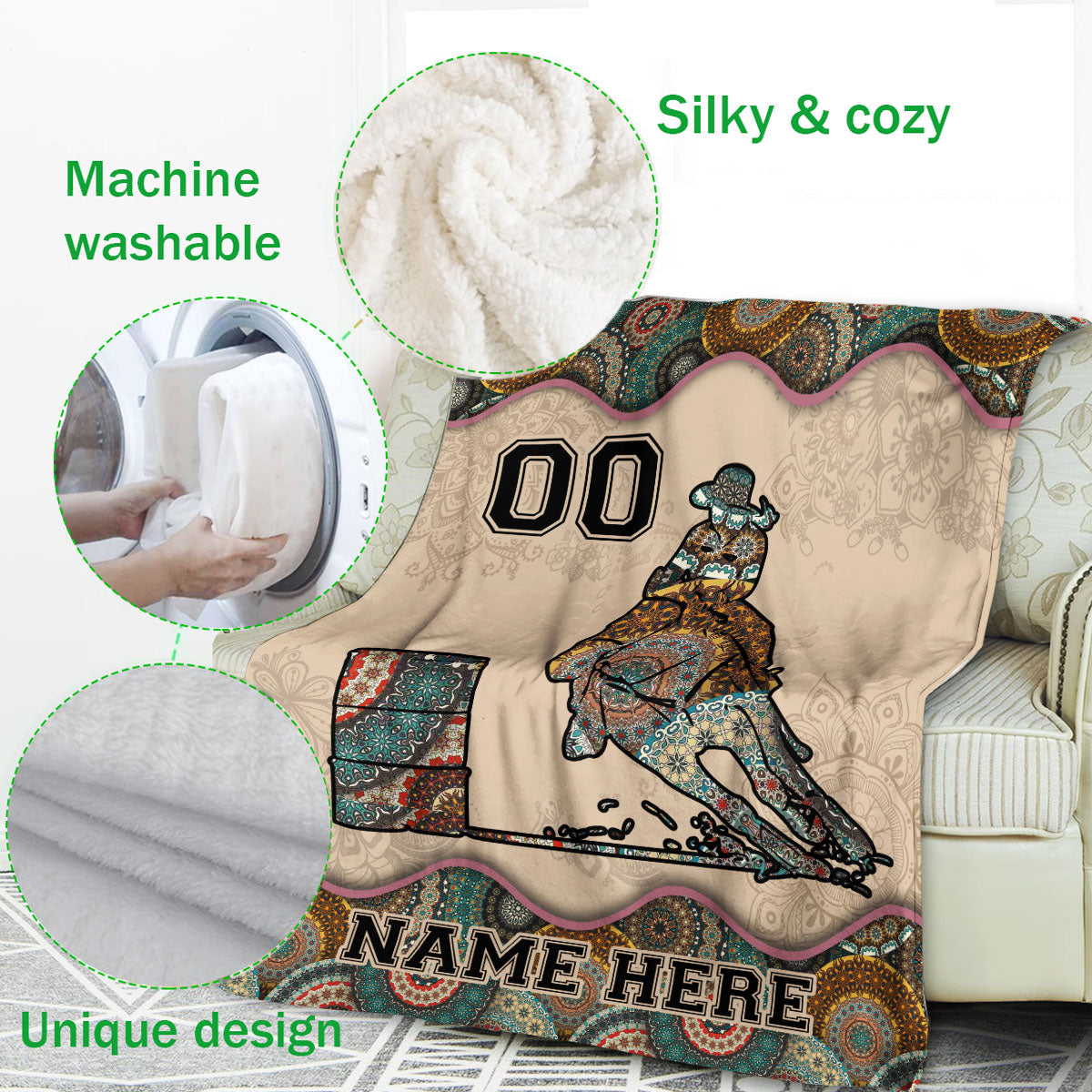 Ohaprints-Fleece-Sherpa-Blanket-Mandala-Boho-Barrel-Horse-Racing-Girl-Racer-Custom-Personalized-Name-Number-Soft-Throw-Blanket-284-Fleece Blanket