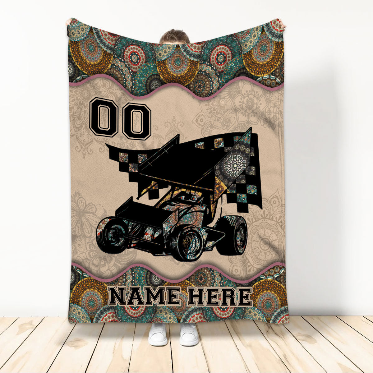 Ohaprints-Fleece-Sherpa-Blanket-Mandala-Boho-Dirt-Racing-Sprint-Car-Racer-Custom-Personalized-Name-Number-Soft-Throw-Blanket-285-Sherpa Blanket