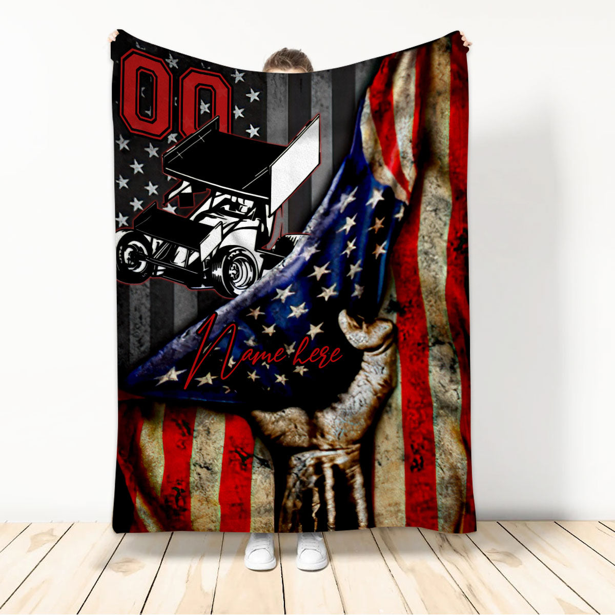 Ohaprints-Fleece-Sherpa-Blanket-America-Flag-Dirt-Racing-Sprint-Car-Racer-Custom-Personalized-Name-Number-Soft-Throw-Blanket-288-Sherpa Blanket