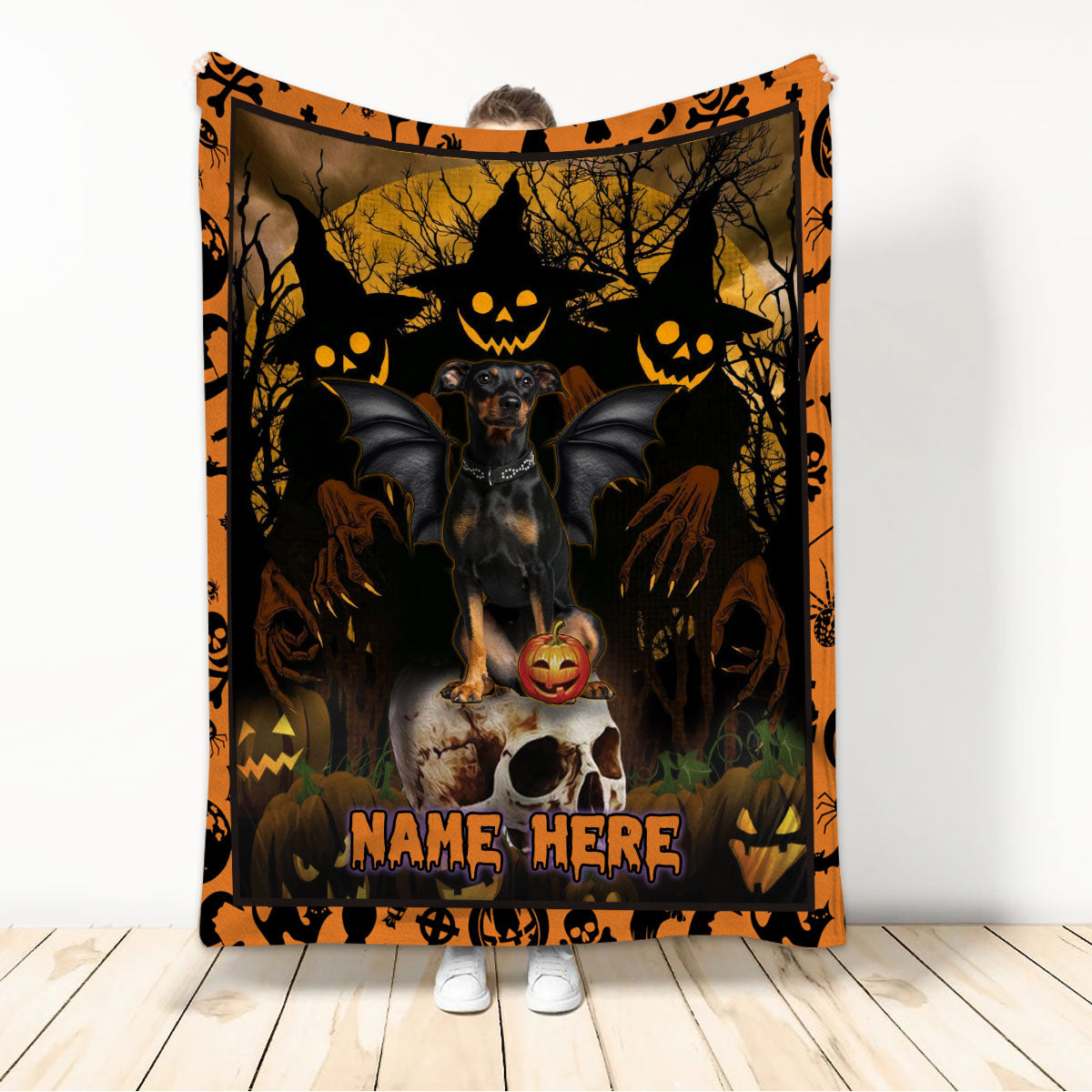 Ohaprints-Fleece-Sherpa-Blanket-Miniature-Pinscher-Devil-Halloween-Horror-Movie-Custom-Personalized-Name-Soft-Throw-Blanket-322-Sherpa Blanket