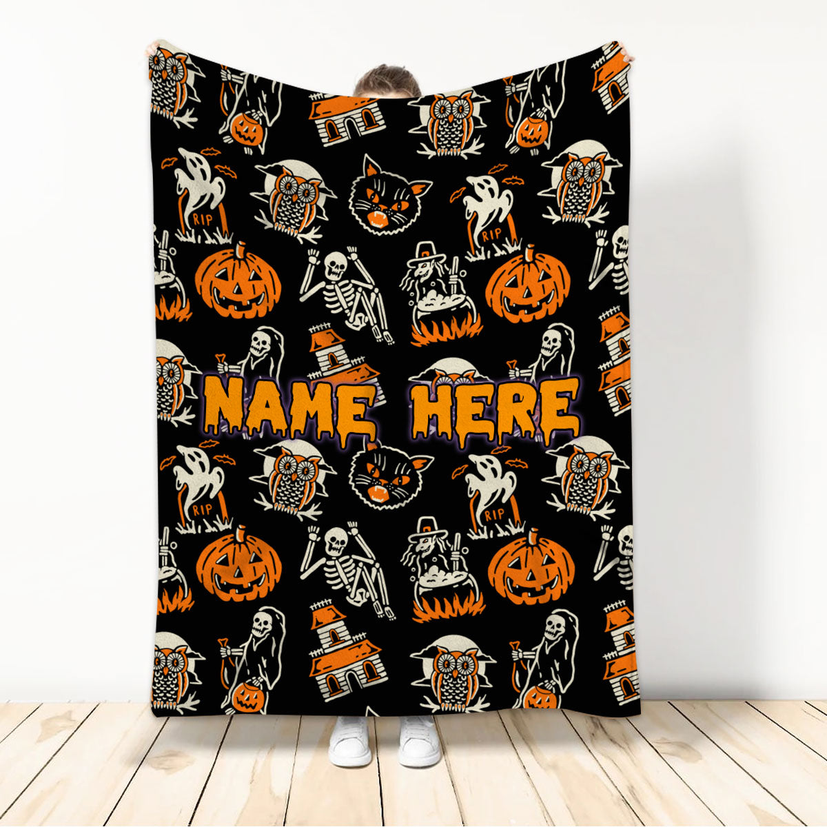 Ohaprints-Fleece-Sherpa-Blanket-Pumpkin-Skeleton-Skull-Halloween-Unique-Gift-Idea-Custom-Personalized-Name-Soft-Throw-Blanket-324-Sherpa Blanket