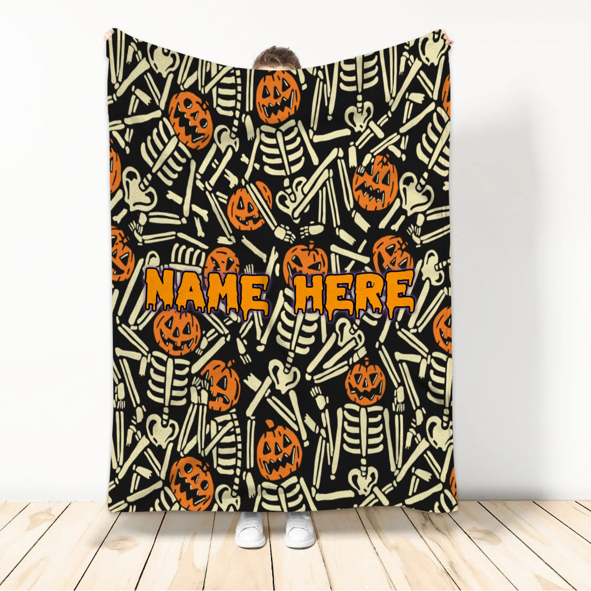 Ohaprints-Fleece-Sherpa-Blanket-Pumpkin-Skeleton-Skull-Halloween-Gift-Idea-Horror-Custom-Personalized-Name-Soft-Throw-Blanket-325-Sherpa Blanket