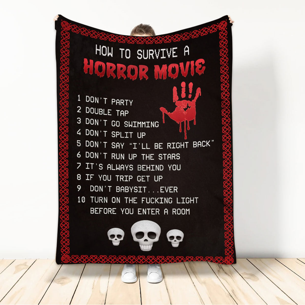 Ohaprints-Fleece-Sherpa-Blanket-How-To-Survive-Horror-Movie-Watching-Halloween-Idea-Unique-Gift-Soft-Throw-Blanket-326-Sherpa Blanket