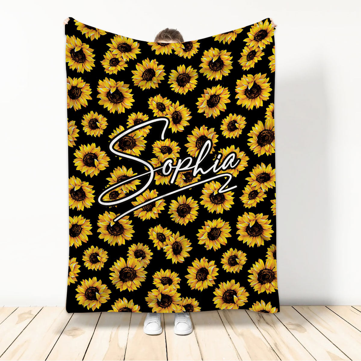 Ohaprints-Fleece-Sherpa-Blanket-Sunflower-Theme-Girl-Flower-Gift-Flannel-Yellow-Custom-Personalized-Name-Soft-Throw-Blanket-722-Sherpa Blanket