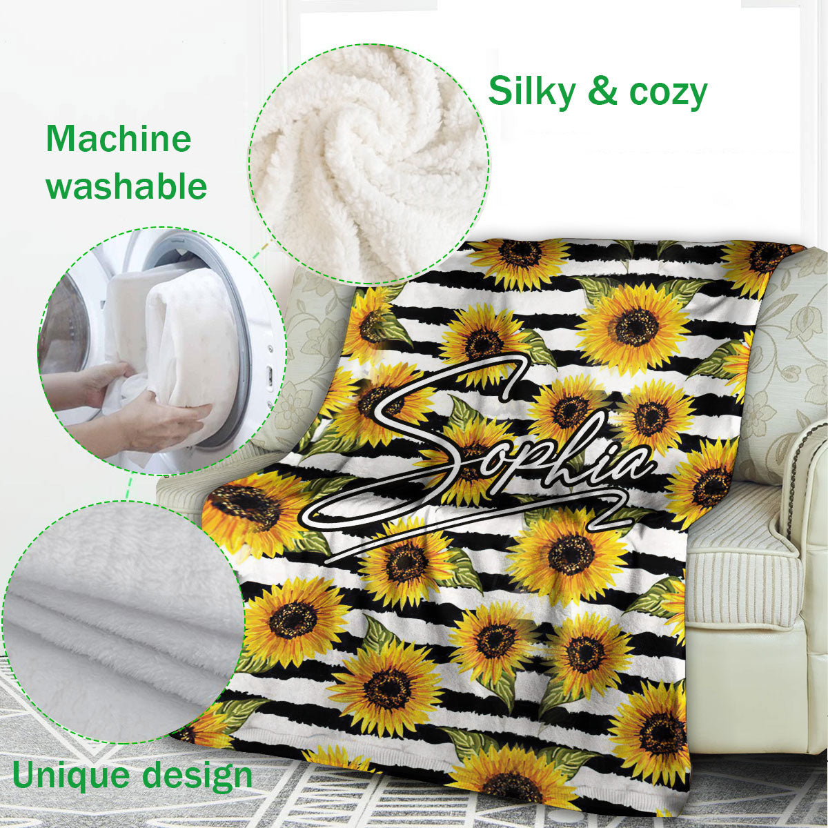 Ohaprints-Fleece-Sherpa-Blanket-Sunflower-Stripe-Theme-Spring-Flower-Decor-Boho-Custom-Personalized-Name-Soft-Throw-Blanket-723-Fleece Blanket