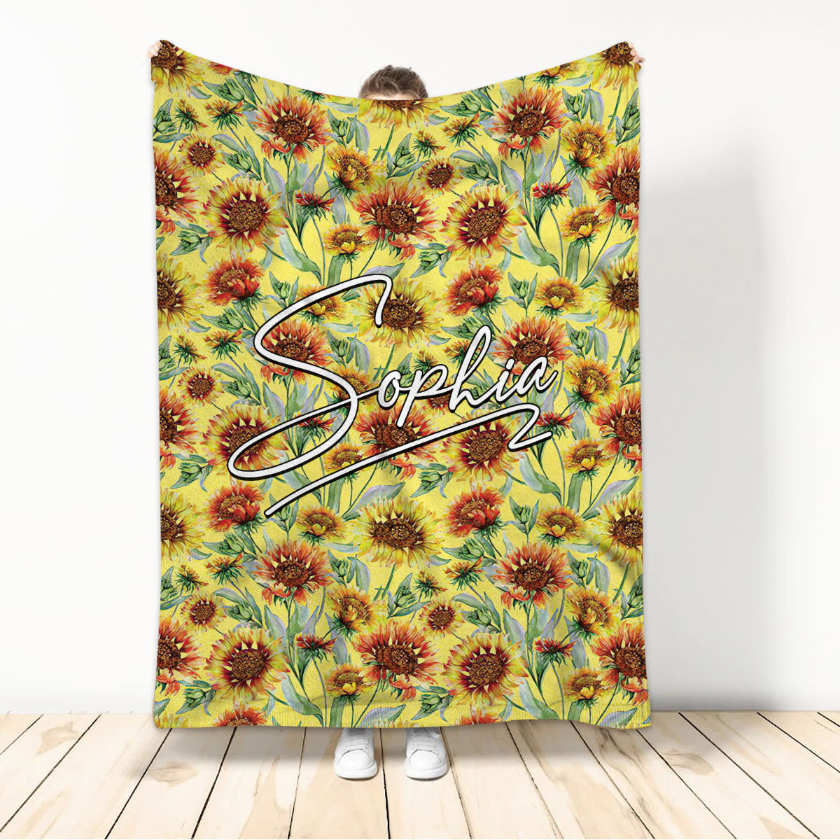 Ohaprints-Fleece-Sherpa-Blanket-Sunflower-Watercolor-Plant-Things-Boho-Yellow-Custom-Personalized-Name-Soft-Throw-Blanket-724-Sherpa Blanket