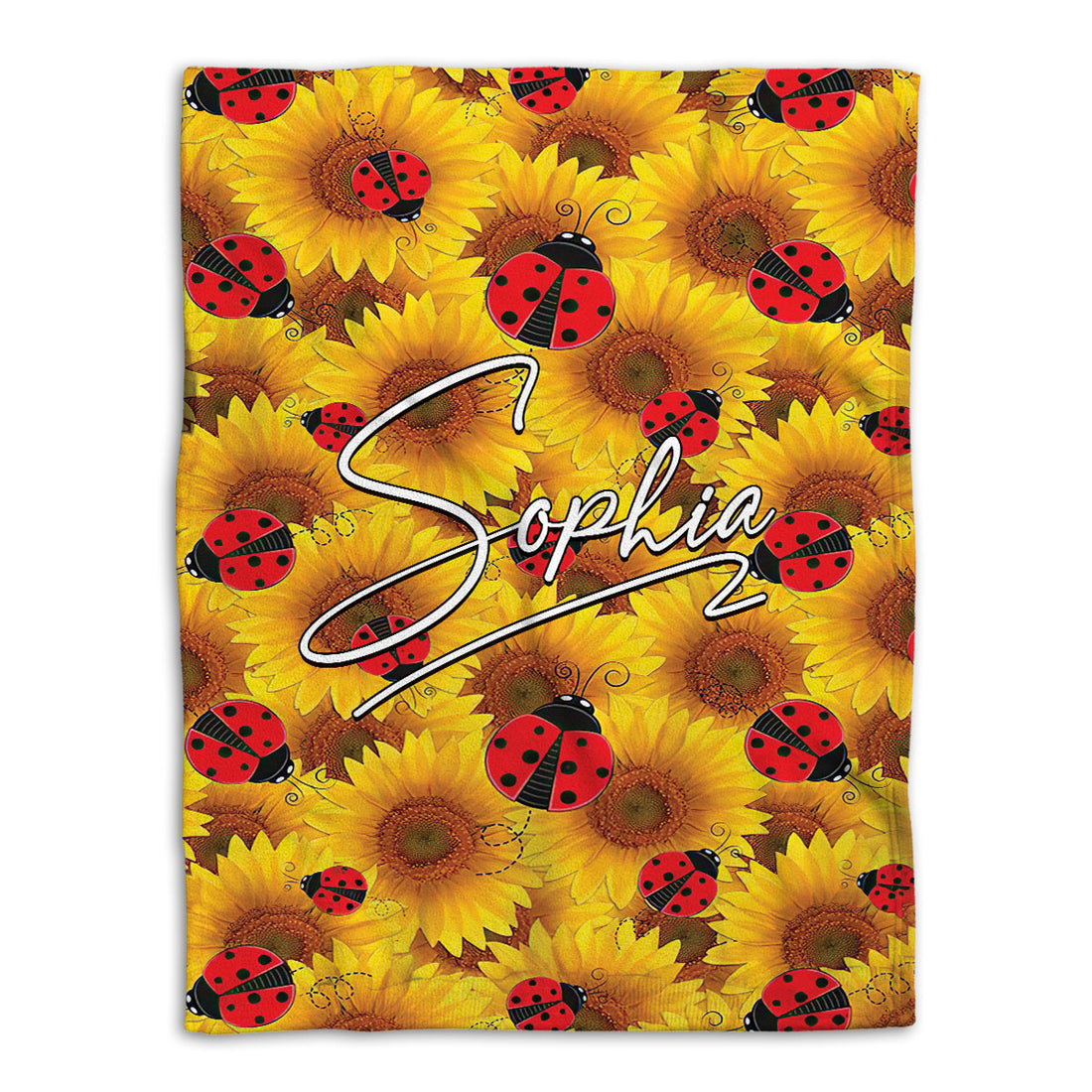 Ohaprints-Fleece-Sherpa-Blanket-Sunflower-Lady-Bug-Decor-Plant-Things-Boho-Yellow-Custom-Personalized-Name-Soft-Throw-Blanket-420-Fleece Blanket