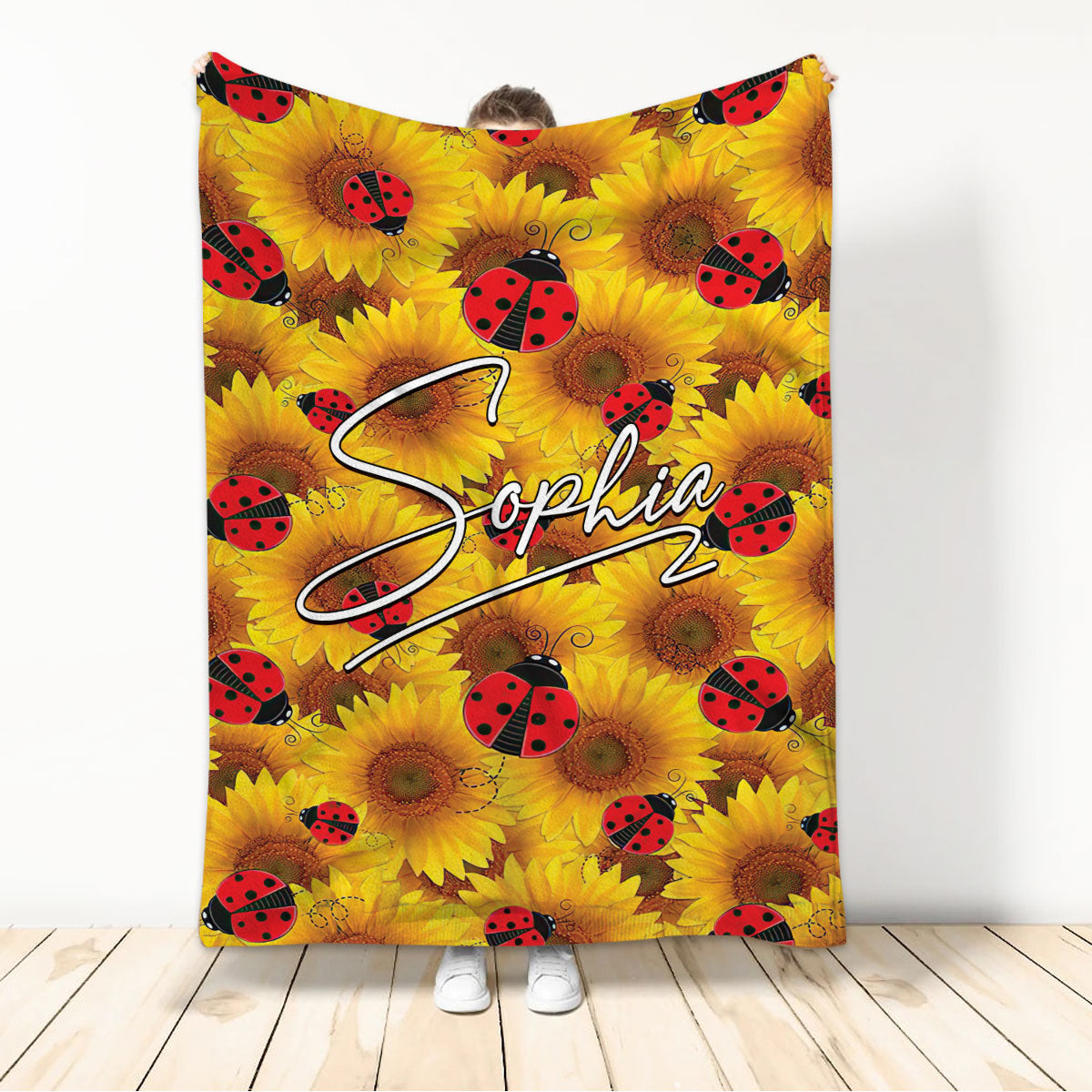 Ohaprints-Fleece-Sherpa-Blanket-Sunflower-Lady-Bug-Decor-Plant-Things-Boho-Yellow-Custom-Personalized-Name-Soft-Throw-Blanket-420-Sherpa Blanket