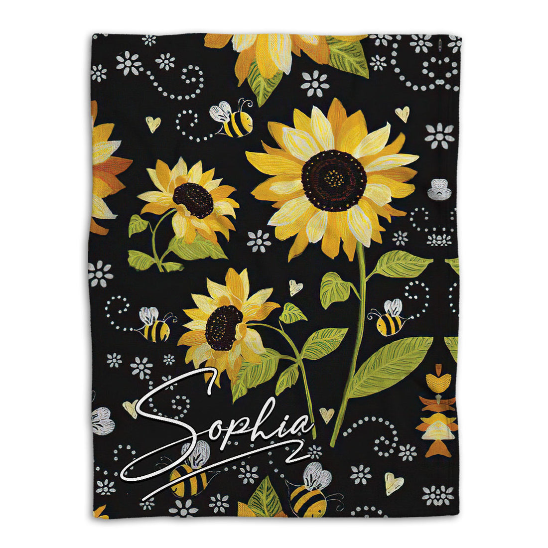 Ohaprints-Fleece-Sherpa-Blanket-Sunflower-Bee-Boho-Vintage-Bed-Decor-Car-Throw-Custom-Personalized-Name-Soft-Throw-Blanket-726-Fleece Blanket