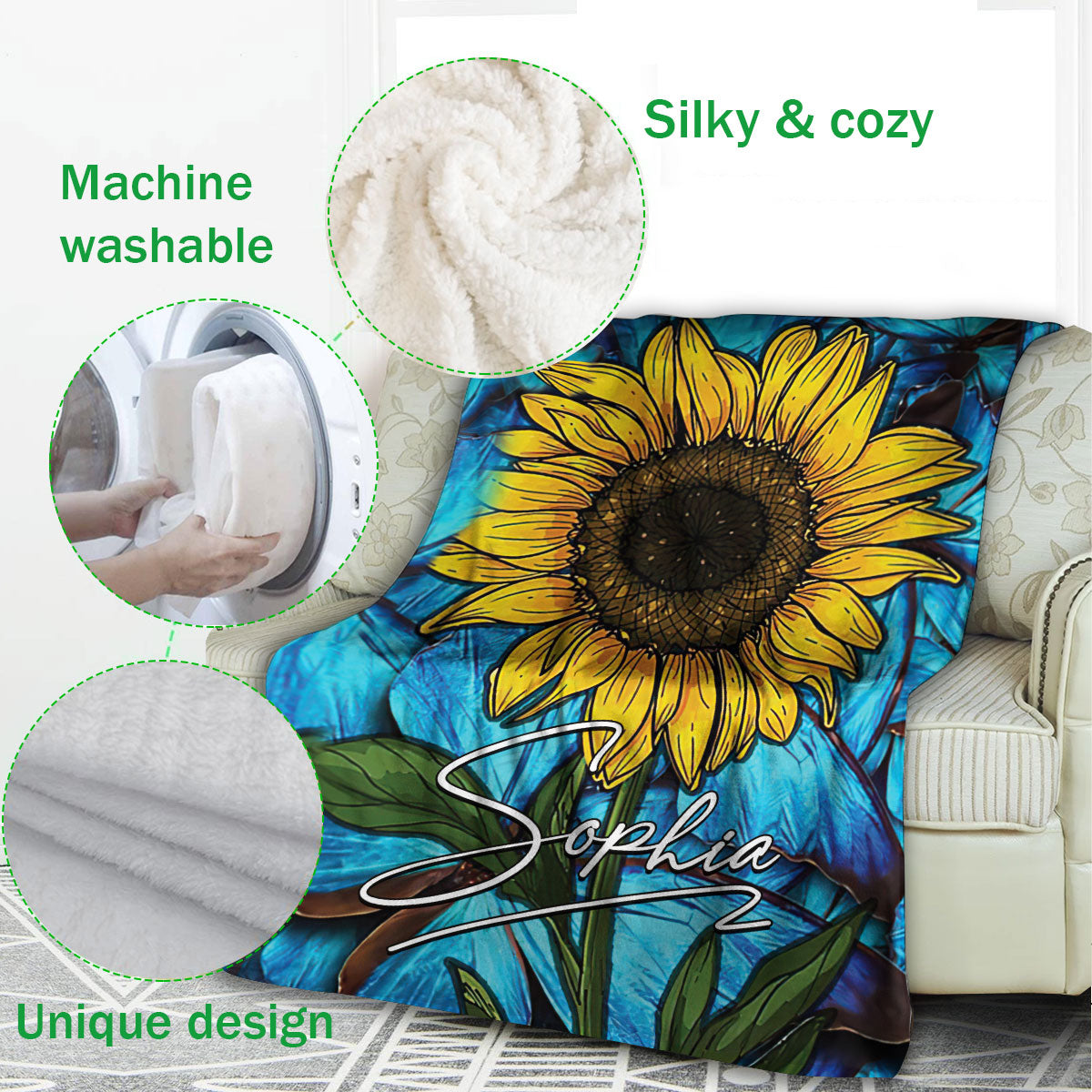 Ohaprints-Fleece-Sherpa-Blanket-Sunflower-Blue-Butterfly-Plant-Bed-Decor-Boho-Custom-Personalized-Name-Soft-Throw-Blanket-727-Fleece Blanket