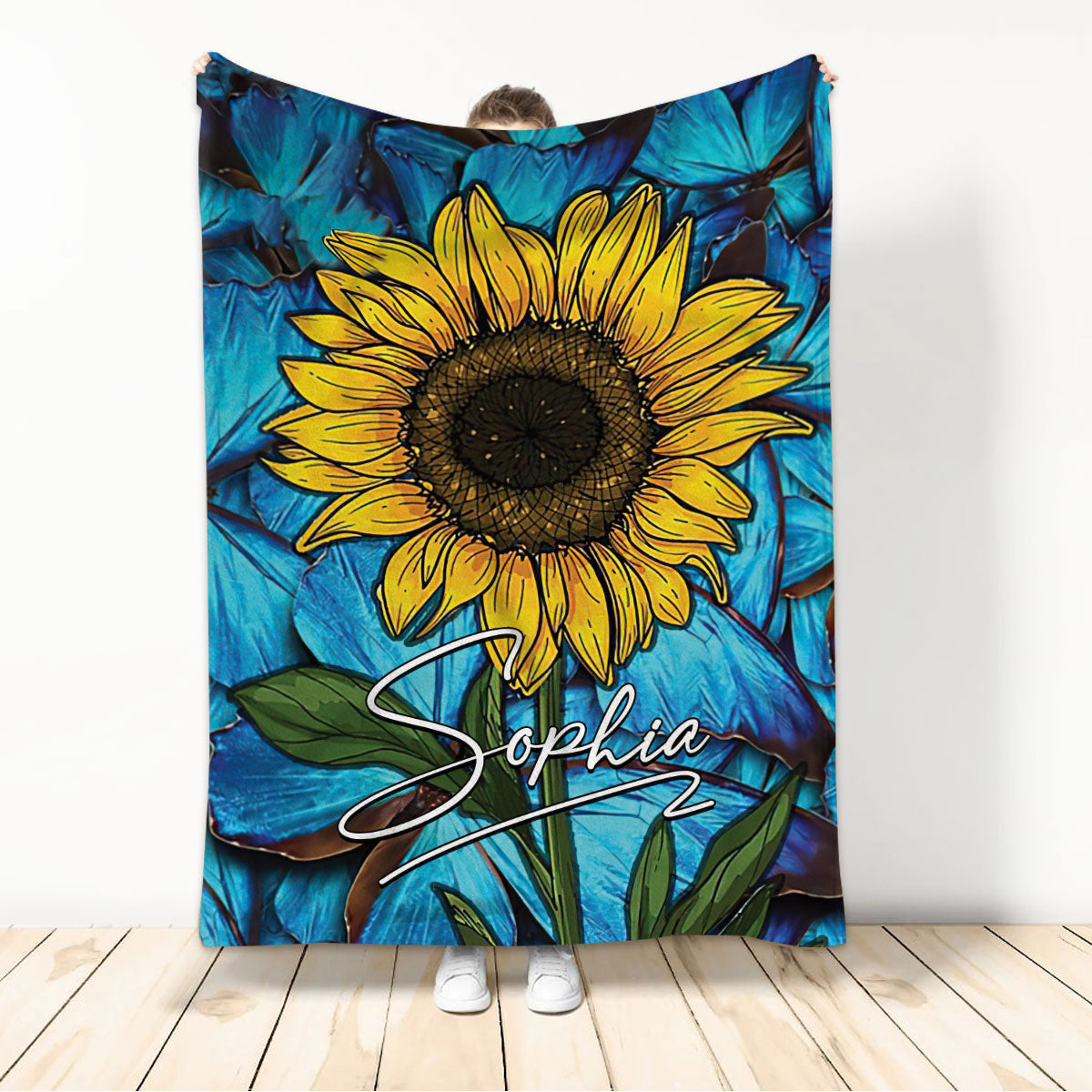 Ohaprints-Fleece-Sherpa-Blanket-Sunflower-Blue-Butterfly-Plant-Bed-Decor-Boho-Custom-Personalized-Name-Soft-Throw-Blanket-727-Sherpa Blanket