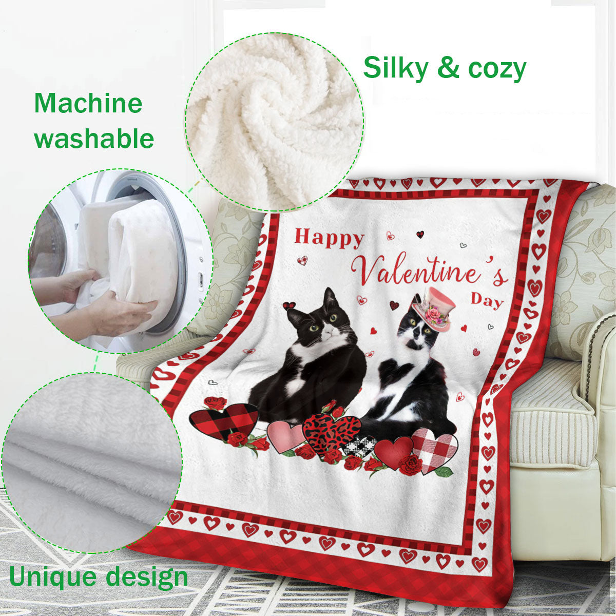 Ohaprints-Fleece-Sherpa-Blanket-Tuxedo-Black-And-White-Bicolor-Cat-Couple-Soft-Throw-Blanket-400-Fleece Blanket